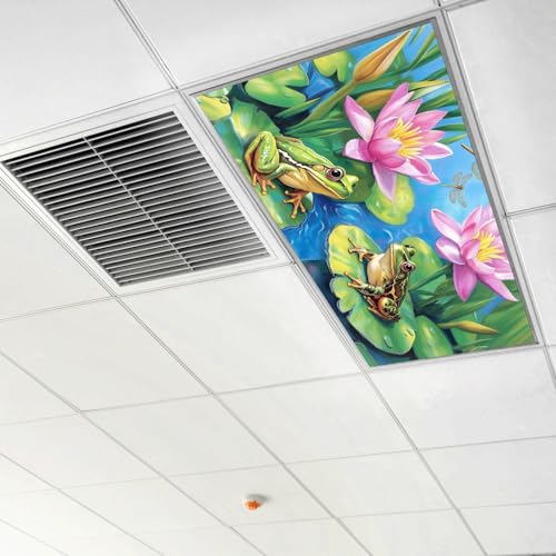 Image of 2ft x 4ft Fluorescent Light Cover Decorative Pond Frogs Lotus Ceiling Light Filters - Easy Setup for Classroom Office Hospitals Home Ceiling, Reduce Glare & Flicker