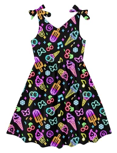 Enlifety 7T 8T Girls Dresses Sleeveless Glow Party Dress Spring Summer Neon Ice Cream Sundress Bowknot Strap V Neck Twirl Playwear