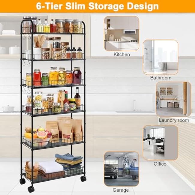 6-Tier Slim Rolling Storage Cart with Wheels Storage Carts Metal Utility Organizer, Narrow Mobile Shelving Unit for Kitchen, Bathroom, Laundry, Office (10in)-6qZTG0HF