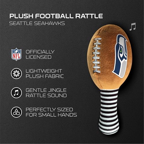 Image of Seattle Seahawks Plush Football Rattle by Smilo - Officially Licensed NFL Baby Rattle Toy - Soft Baby Rattle with Bell - for Babies and Toddlers from 3 Months
