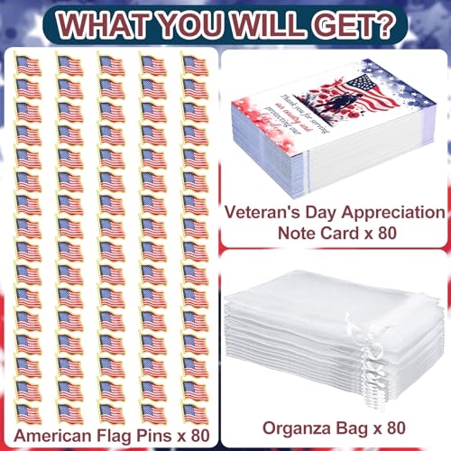 Image of 80 Set Memorial Day Pin Veteran Gifts Bulk American Flag Lapel Pins Thank You Veterans Cards and Organza Bag Patriotic US Flag Pin for Women Men Veterans Independence Day Decoration