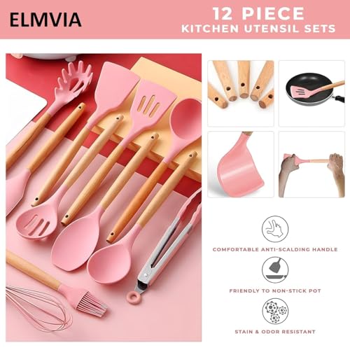 Image of Elmvia Silicone Cooking Utensil Set,12 PCS Cooking Kitchen Utensils Set, Nonstick Kitchen Utensils 446F Heat-Resistant Cookware Kitchen Tools of Spoon,Brush,Whisk,Spatula,Turner Tongs (Pink)
