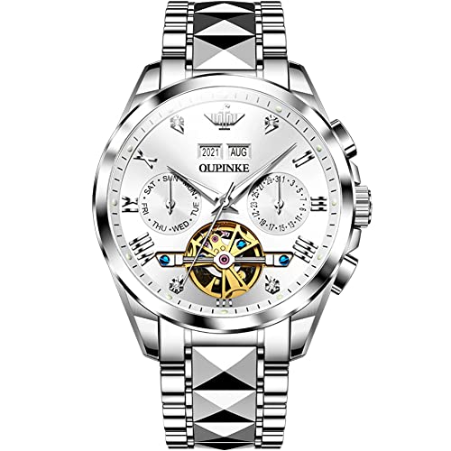 Image of OUPINKE Mens Watches Automatic Skeleton Tourbillon Self Winding Luxury Sapphire Crystal Business Dress Wristwatch, White, Mechanical,Self-winding