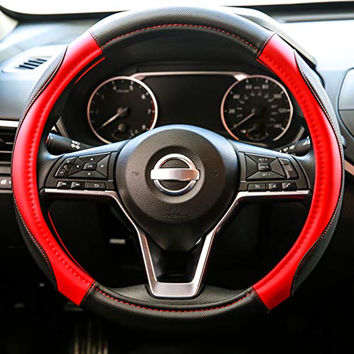 DSV Standard | Red Leather Car Steering Wheel Cover |Breathable, Anti - Slip Odorless | Warm in Winter and Cool in Summer | Genuine Leather Steering Wheel Cover 15 Inches (37cm to 39 cm)
