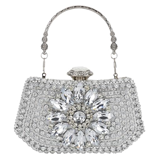 Image of Women's Sparkly Rhinestone Clutch Purse Evening Shoulder Bag | Crystal Glitter Sequin Handbag With Handle & Chain, Convertible Crossbody Bag For Bridal Wedding Party Prom or Formal Events