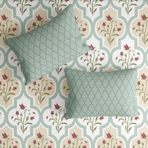 Image of Wakefit 100% Cotton 200 TC Flat Printed Bedsheet, Booke Queen Size (100x90 Inches) / (2.54m*2.29m) with 2 Pillow Covers Booke, Double