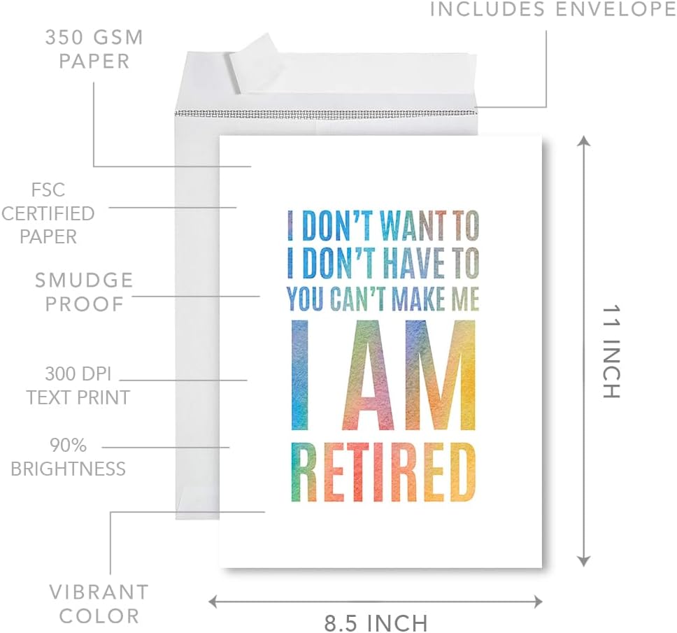 Andaz Press Funny Jumbo Retirement Card With Envelope 8.5 x 11 inch, Greeting Card, I Don't Want To I Don't Have To, You Can't Make Me