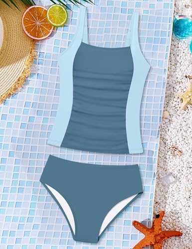 Girls Tankini Swimsuit Solid Color Blocking Two Piece Bathing Suit Ruched Design Holiday Girls' Swimwear for 9-16Y4