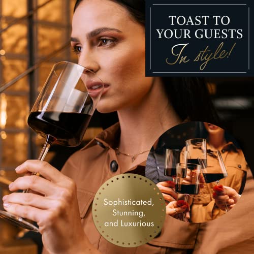 Square Red Wine Glasses Set Of 4 - Hand Blown Edge Wine Glasses - Modern Flat Bottom Wine Glasses - Unique Large Wine Glasses With Stem For Cabernet, Pinot Noir, Burgundy, Bordeaux - 17Oz Clear #TOP6