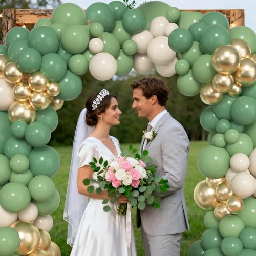 Image of Ouddy Life 157Pcs Green Balloon Arch Garland Kit, Sage Green White Sand Gold Latex Confetti Balloons Different Size for Baby Shower Birthday Wedding Jungle Party Safari Baptism Decorations
