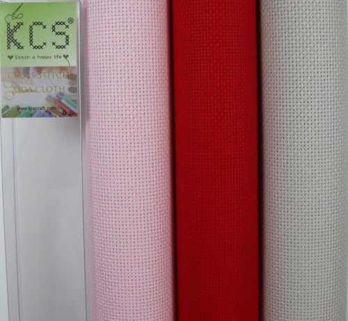 Image of KCS 3 pc of 15 inch x 18 inch(38cmx45cm) Counted Cross Stitch Cotton Aida Cloth Needlework Rolled Fabric Box,14CT,Pink+Red+Pearl Grey