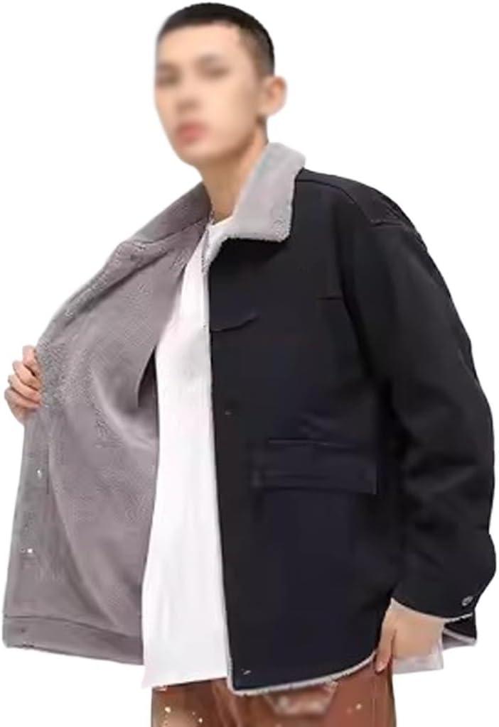 Autumn Winter Lamb Fleece Denim Jacket men's Oversized Lapel Plush Cotton, Loose Fitting
