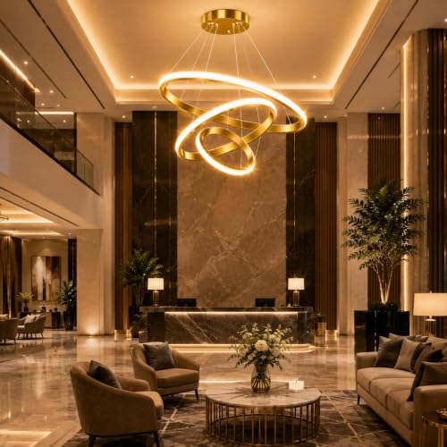 Image of Modern 3 Ring LED Pendant Chandelier, Premium Golden Finish, 3 Color Changing Modes, Adjustable Hanging Light for Living Room, Dining Room, Bedroom, Hotel & Restaurant Decor