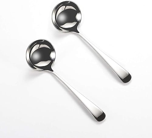 Cucharones de sopa pequeños, cucharones de cuchara de sopa para salsa, 2 unidades SUS 304 de acero inoxidable no magnético de 7.6 pulgadas redondas