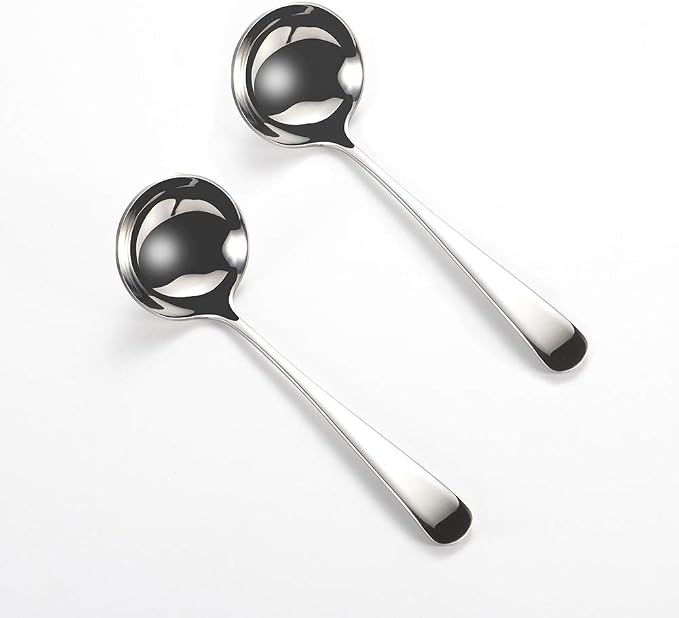 Small Soup Ladles,Sauce Gravy Soup Spoon Ladles,2 Pack SUS 304 Non-magnetic Stainless Steel 7.6" Round (Color:Silver).