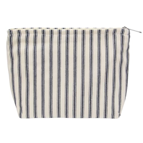 PAZIMIIK Makeup Bag Large Cotton Zipper Pouch for Purse Travel Canvas Make Up Organizer for Women Cosmetic Vintage Stripe Navy Blue