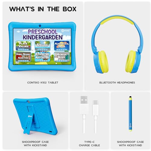 Image of Contixo 10 inch Android Kids Tablet Bundle - 32GB, Epic! & Lingokids Educational Apps, Parental Controls, Kid-Proof Case w /Kickstand & Stylus, Headphones & Sleeve Bag - Blue