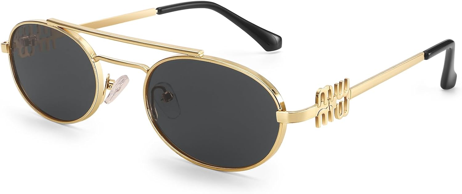 Dollger Retro Oval Sunglasses for Women Double Bridge Trendy Gold Frame Small 90s Designer Shades Sunglasses