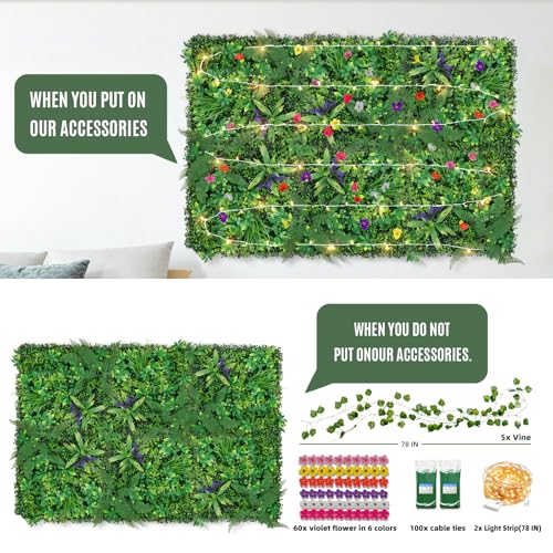 Artificial Boxwood Panel 8 Pieces 20"x20", Green Grass Wall Backdrop Wall for Fence Patio Backrop Balcony, Faux Ivy Privacy Fence Screen, 5 PCS Vines, 60 PCS Violet Flower, 2 PCS Light Strip