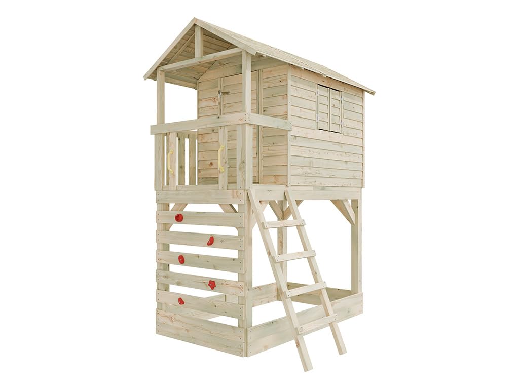 Stelzenhaus Luis Braun Grün, Kesseldruckimprägniertes Kiefernholz Stelzenhaus mit Veranda, Sandkasten, Kletterwand, Leiter, Spielhaus für Kinder Garten, 150 x 216 x 300 cm