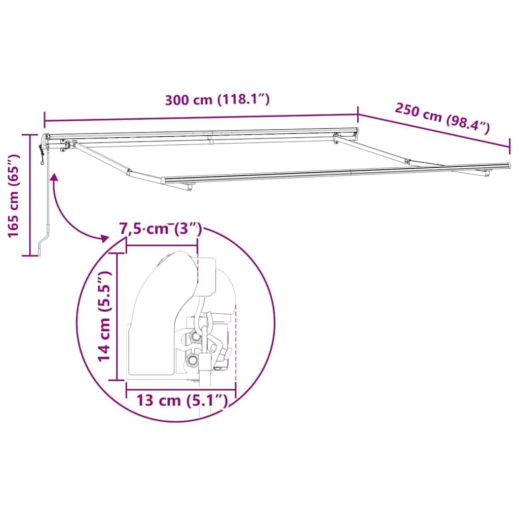 Elektryczna rozkładana markiza zielona i biała, 300 x 250 cm, poliester z powłoką poliuretanową, odporna na warunki atmosferyczne i wodoszczelna, z korbą i pilotem zdalnego sterowania