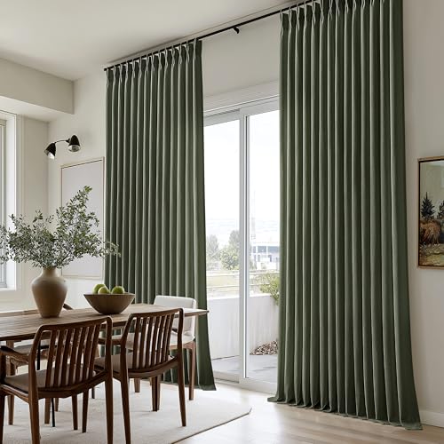Image of Dark Green Pinch Pleated Semi Sheer Linen Curtains 108 Inch Extra Long | Hunter Green, Floor To Ceiling, Non See Through Privacy, Living Room, Burlap Textured, Hook Rings Memory Shape, Elegant Boho