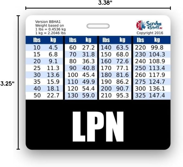 LPN Badge Buddy Horizontal w/Height & Weight Conversion Charts (Black)