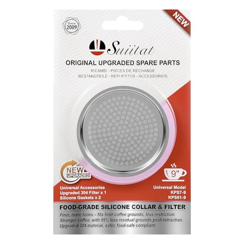 Image of Moka Pot Replacement Parts, KPS-SR Moka Express 9 Cup Upgraded Replacement Filter and 2 Silicone Gaskets for Moka Pots, Compatible with KPS7-9, KPS61-9