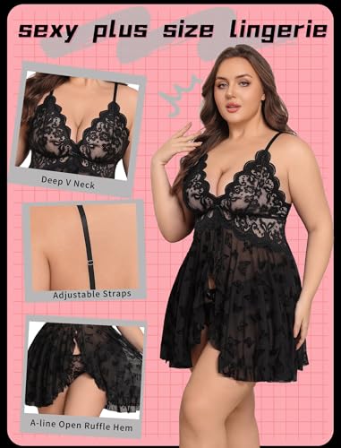 Image of Avidlove Plus Size Lingerie for Women Sexy Lingerie Dress Lace Babydoll Lingerie V-Neck Open Front Strap Nightdress