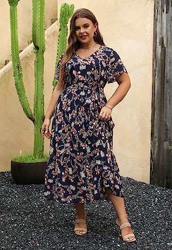 Image of Nemidor Plus Size Women Casual Maxi Dresses Print Bobo Belted Layered Chiffon Summer Long Dress with Ruffle Sleeve