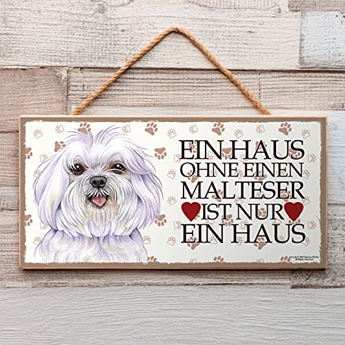 MALTESER - Haustierschild mit Spruch und realistischer Grafik. Als Tür, Torschild, Wanddekoration geeignet. Warnschild, Holztafel, Hauschild.