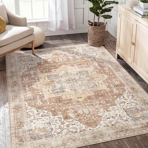 Washable Rug 6x9 Area Rugs: Boho Vintage Distressed Oriental Medallion Neutral Thin Large Rug Carpet for Living Room Bedroom Dining Room Home Office Decor - Brick Red