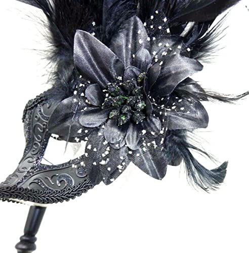 Mask & Co LADIES QUALITY BLACK SPARKLING MASK WITH FLOWER & LONG FEATHERS VENETIAN MASQUERADE CARNIVAL PARTY EYE MASK - Image 4