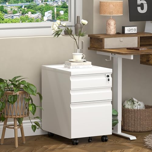 Image of 3 Drawer File Cabinet, Metal Printer Stand with Roling Caster, Under Desk Storage for Home Office, File Cabinet with Lock, No Assembly Required, White