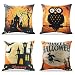 WEYON Happy Halloween Throw Pillow Covers 18 x 18 Inch Owl/Bat/Witch/Castle Theme Sofa Home Decorative Cotton Linen Cushion Covers Set of 4