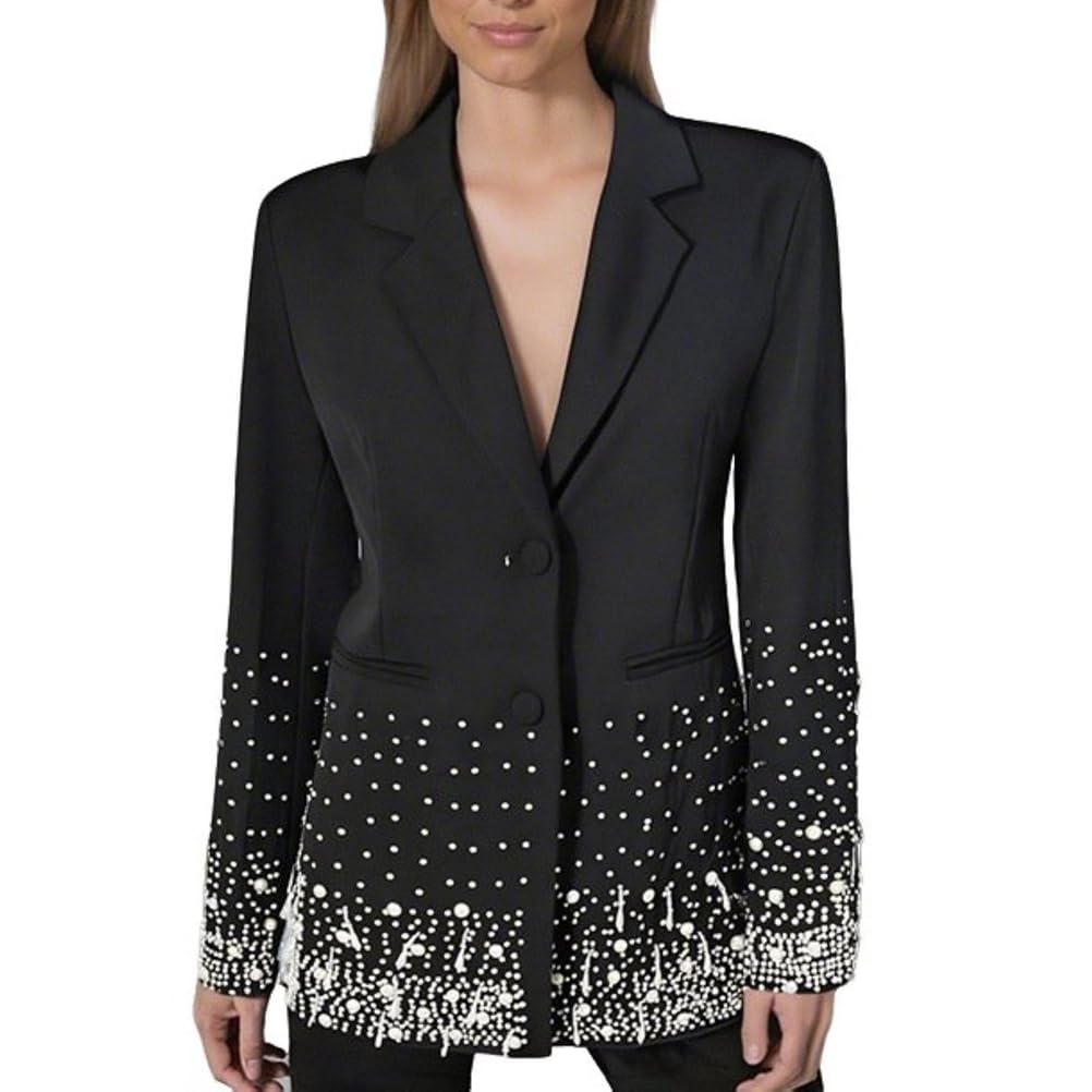Womens Pearls Beaded Suit Jacket Notched Lapel 2 Button Elegant Work Office Dressy Casual Blazers