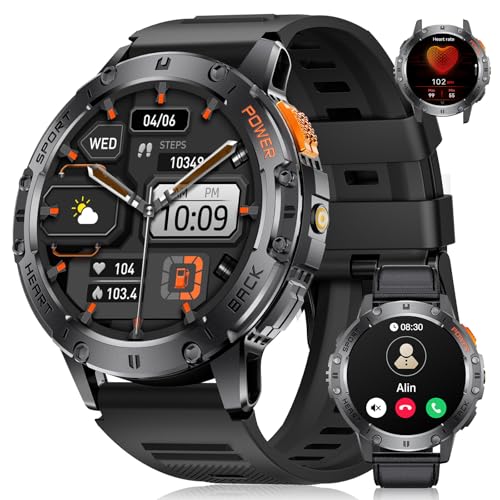 DREMAC Smartwatch Herren Militär,530 mAh Akku/1,43'' Amoled-Sportuhr mit Taschenlampe/3 Armbänders