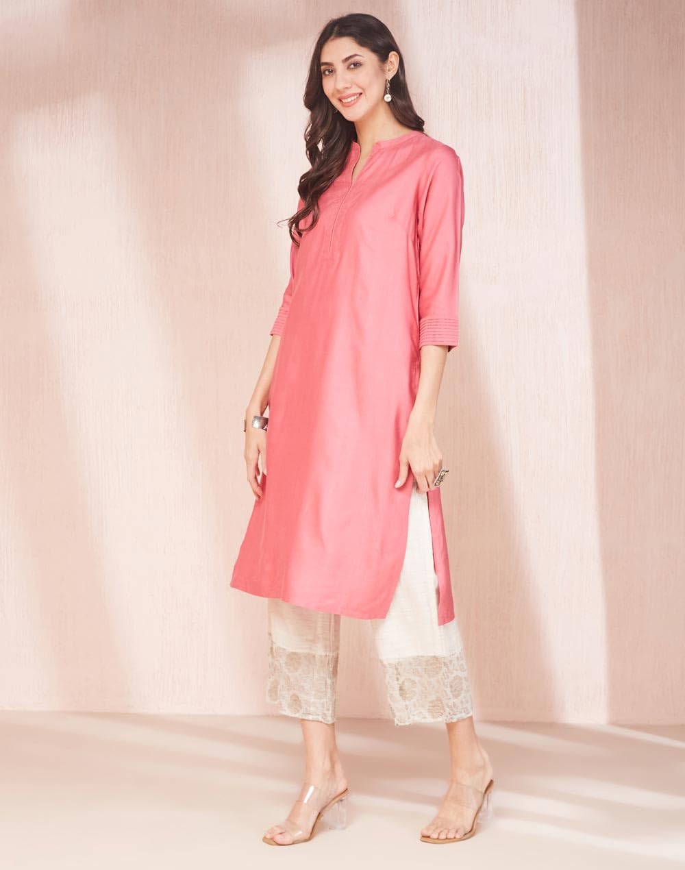 Fabindia Women's Viscose Silk Solid Regular Kurta (1038026Pink_Pink
