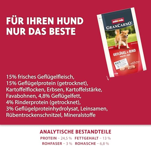 animonda GranCarno Adult Hundetrockenfutter getreidefrei Geflügel + Rind (1 x 4 kg), Trockenfutter für Erwachsene Hunde ohne Gluten und Weizen, Hundefutter trocken mit hoher Bekömmlichkeit