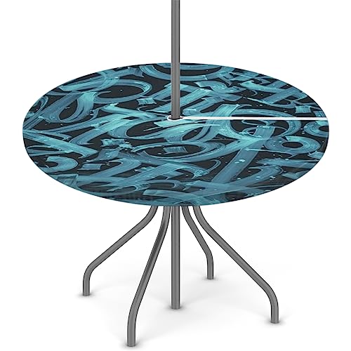 XMNYGJ Blue Line Art Round Fitted Tablecloth with Umbrella Hole Zipper for Patio Picnic Tables Elastic Outdoor Table Cover Waterproof and Stain Resistant 45-56 Inch