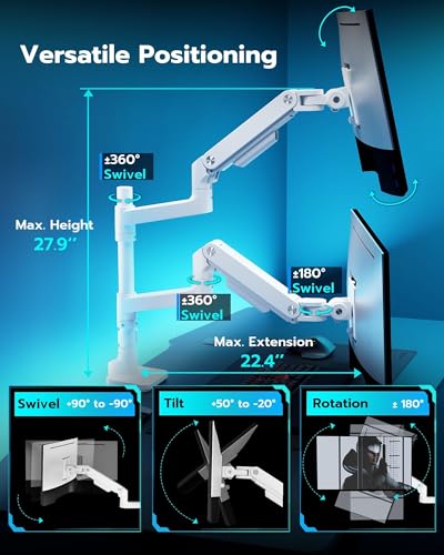 Image of ARES WING White Ultrawide Dual Monitor Mount with USB A /C for 17 to 49 Inch | Pro Gas Spring, Aluminum Material, Flexible Screen Layouts, for 75 /100 Vesa Mount, Hold 44lbs Each Arm, for Samsung Monitor