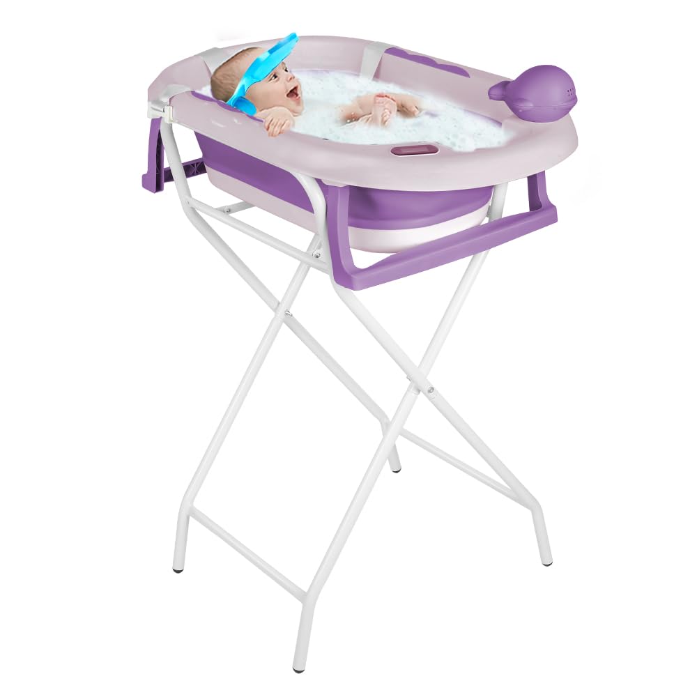 Babybadewanne mit Ständer, ergonomisches Babybad mit Ständer, Organizer für Eltern,Kinderbadewanne mit Badesitz, für Babys von 0-36 Monaten ((Stil 5) 81,5 x 48 x 21 cm – Violett)