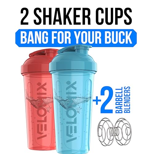 Image of VELOMIX -2 Pack- 28 oz Protein Shaker Bottles for Protein Mixes - 2x Wire Whisk | Leak Proof Shaker Cups for Protein Shakes and Pre Workout | Protein Shaker Bottle Pack (Blue /Pink)