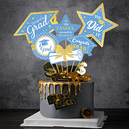 Image of Light Blue and Gold Graduation Decorations Set of 24 Class of 2024 Table Decor Congrats Grad Party Centerpiece Sticks Table Toppers Graduation Party Supplies