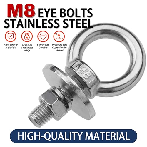 Image of 8 Pack M8 Stainless Steel Eye Bolts with Nuts, 5 /16 inch x 1 inch Eye Bolts | 304 Stainless Steel Eye Bolt,Eye Bolts Heavy Duty for Hang Tie Down Outdoor,m8 eye bolt,Long Lifting Ring Eye Bolt