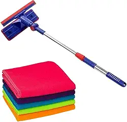 Rodo Limpa Vidro + 5 Flanela de Limpeza em Microfibra Kit Limpa Vidro - Pano Macio Anti-Risco 28x28 cm Colorido Rodinho com Cabo Ajustável até 85 cm Articulado Desmontável Cabo Extensível Rodo 2 em 1
