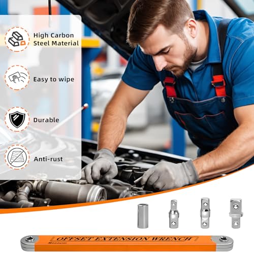 Image of Offset Extension Wrench, 15-Inch Offset Impact-Ready Socket Wrench Tool with 1 /2 inch, 1 /4 inch and 3 /8 inch Square Drive Adapters, Zero Degree Ratchet Tool for Car, Orange
