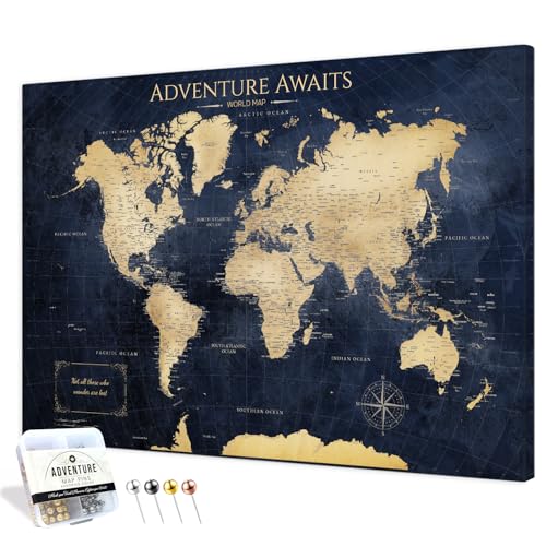 Image of IPIC - Vintage Teal World Map Pin Board Canvas Wall Art, Travel Map with Pins Included, Ready to Hang for Home or Office 24x16 Inch