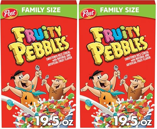 Pebbles Fruity PEBBLES Cereal, Fruity Kids Cereal, Gluten Free Rice Cereal for Kids, 19.5 OZ Family Size Cereal Box (Pack of 2)