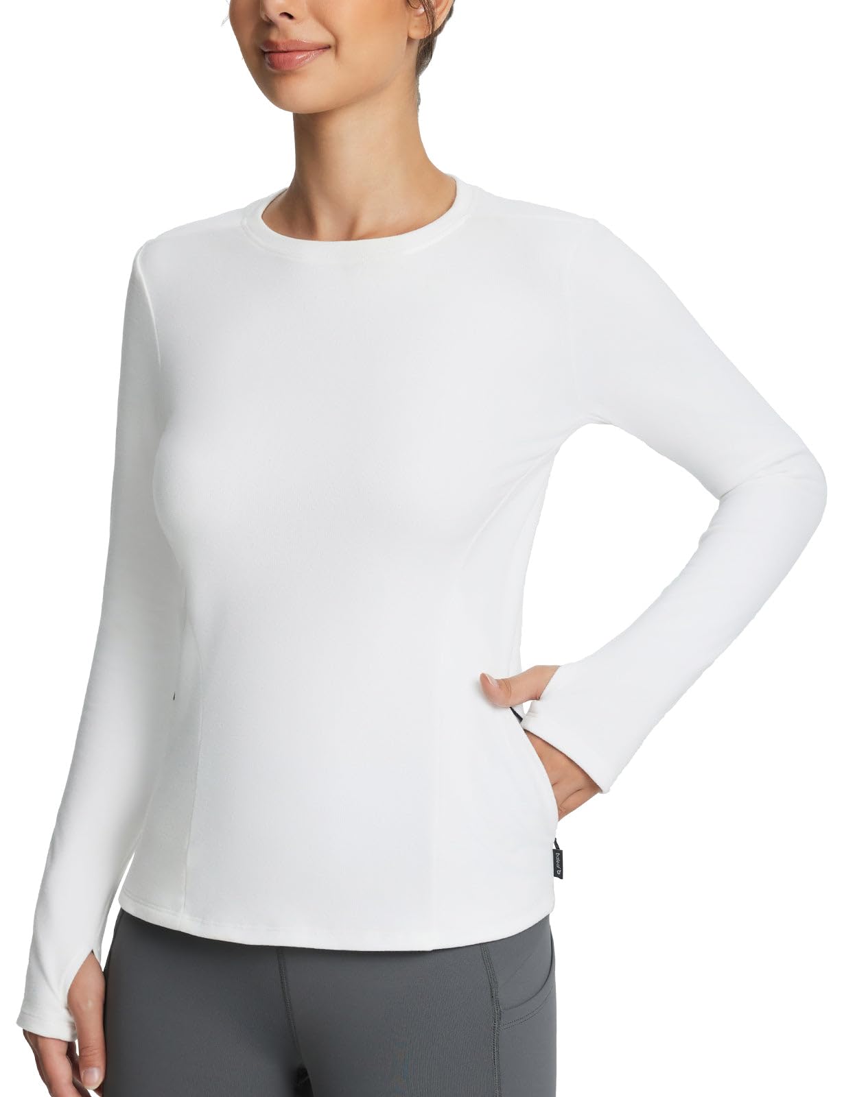 baleaf Women's Thermal Tops Fleece Lined Shirts Long Sleeve Cold Weather Winter Gear Workout Zipper Pocket Thumbholes White M